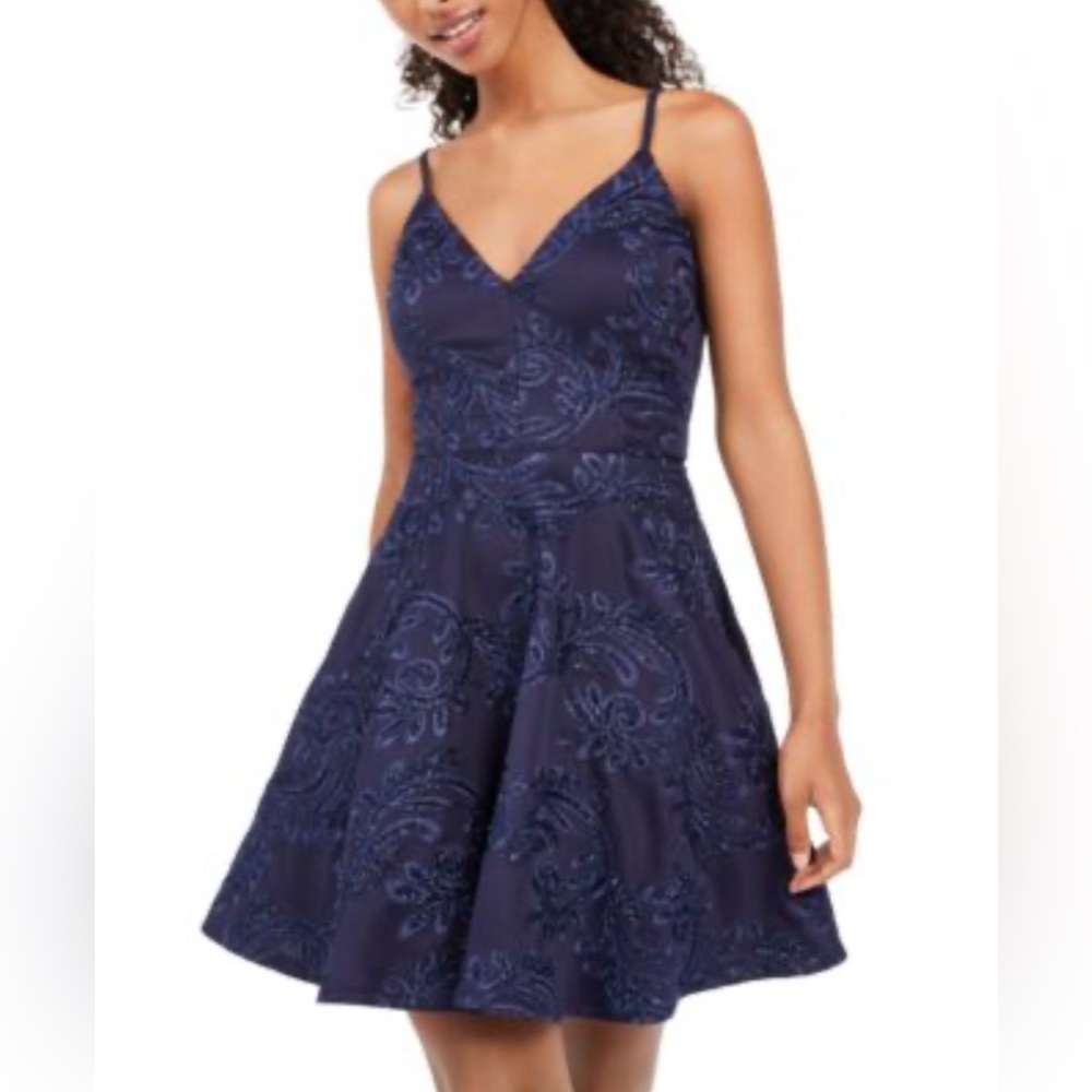 Trixxi Navy Blue Embroidered Prom Dress
